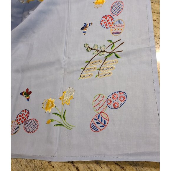 Linen 33x34" Tablecloth Handmade Ukraine Eggs Butterfly Flowers Blue Colorful - Picture 10 of 13
